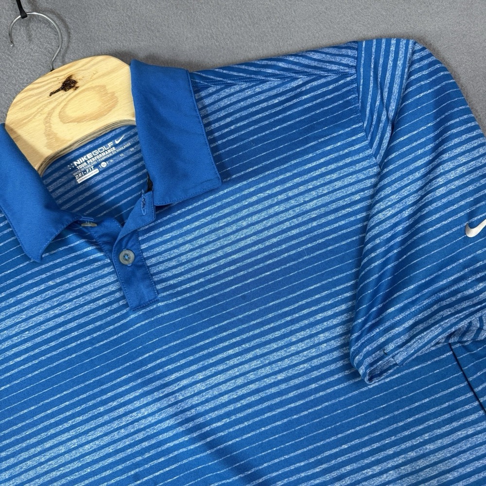 Nike Golf Polo Shirt Mens XL Blue White Striped Dir Fit Performance Stretch